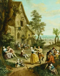 Boeren Dansen en Feesten Voor een Herberg, een Ommuurde Stad Verderop