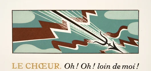 Grafische illustratie uit Prométhée Enchaîné door Aeschylus, pub. 1941 (pochoir print)