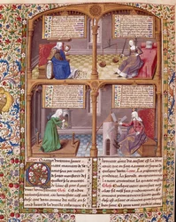 De vier kardinale deugden: Voorzichtigheid, Kracht, Matigheid en Rechtvaardigheid. Pagina uit een manuscript van Seneca, verlicht door meester Francois