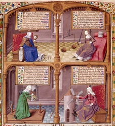 De vier kardinale deugden: Voorzichtigheid, Kracht, Matigheid en Rechtvaardigheid. Pagina uit een manuscript van Seneca, verlicht door meester Francois.
