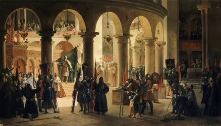 Godfried van Bouillon deponeert in de kerk van het Heilig Graf de trofeeën van Ascalon