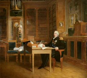 Portret van Lodewijk XVIII (1755-1824) mediterend over het Handvest in zijn kantoor in de Tuilerieën