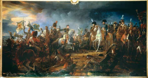 De Slag bij Austerlitz op 2/12/1805: Generaal Rapp presenteert de veroverde vlaggen