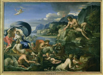 Acis en Galatea verbergen zich voor de reus Polyphemus