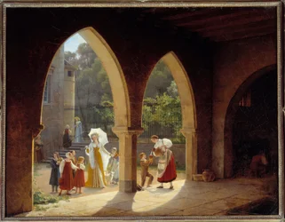 Madame Elisabeth van Frankrijk (1764-1794), zus van Lodewijk XVI helpt bij de melkuitdeling in haar huis in Montreuil nabij Versailles