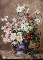 Stilleven van anemonen en rozen in een blauwwitte vaas. Schilderij van Francois Rivoire (1842-1919) Privécollectie.