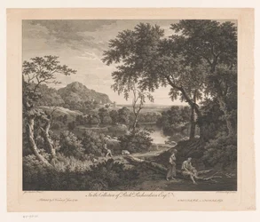 Landschap met schapenherder en twee figuren bij een poel