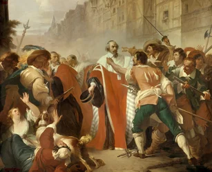 De bewaker van de zegels Mathieu Molé, weerstand tegen opstandelingen tijdens de dag van de barricades tijdens de Fronde op 27 augustus 1648