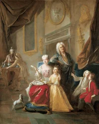 Portret van een familie in een interieur