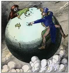 Grote Depressie: Uncle Sam en de Russische tegenstander vechten om de wereldbol, ca. 1875 (gravure)