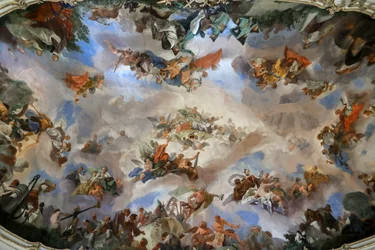 Plafondschildering in de grote galerij van paleis Schönbrunn, Allegorie op de welvaart van de Oostenrijkse monarchie , Wenen, Oostenrijk, 2024 (foto)