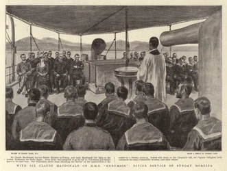 Met Sir Claude MacDonald op H.M.S. Endymion, Godsdienstoefening op Zondagochtend