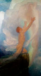 "In Quest of Truth" is een allegorische voorstelling van de zoektocht naar de waarheid, met een man op de top van een berg die een vluchtige vrouwenfiguur probeert te vangen. Schilderij van Frank Dicksee (1853-1928) (prerafaëliet)