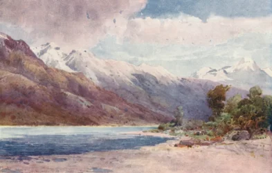 Nieuw-Zeeland: Aan het hoofd van Lake Wakatipu (kleur litho)