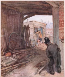 Op zijn bestemming aangekomen, was het eerste wat hij zag een paar zeer gebrekkig geschoeide voeten in de lucht, circa 1920
