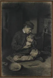 Zittende jongen met een kat (recto); Studie van kittens en een bord melk (verso), c. 1874-80