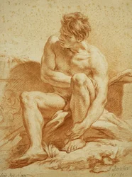 Een zittende naakte met een staf, een reliëf met putti links