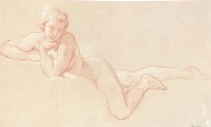 Naaktstudie van een vrouw liggend op wolken, met haar kin op haar linkerhand gesteund