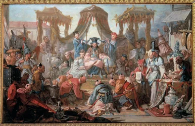 Audiëntie van de keizer van China De onderdanen buigen voor de keizer. Schilderij door François Boucher