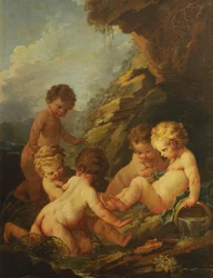 Boucher - Vijf naakte kinderen spelend bij een rotsachtige poel, 1730-1735