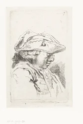 Hoofd van een man met bril en tricorne