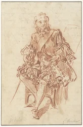 Jodelet zittend op een stoel (Illustratie van Les Précieuses Ridicules uit de 1734 editie van Molière