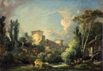 Landschap met kasteel en molen