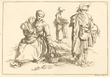Zittende moeder en kind, twee staande boeren