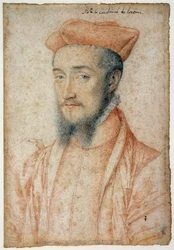Portret van Charles, Kardinaal van Lotharingen (1525-1574). Tekening met rood krijt en zwarte steen door Clouet Francois (1515-1572)
