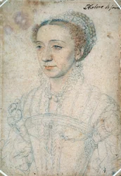 Portret van Marguerite de France, dochter van Francois I, Hertogin van Savoye (1523 - 1574). Tekening met zwarte steen en rood krijt door Francois Clouet (1515-1572)