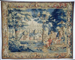 Parkgezicht met jagers met hun vangst