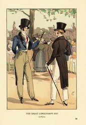Modieuze heren in hoge hoed en rokkostuum met wandelstokken. Op een grote racedag op de Longchamp renbaan. Menigten modieuze mensen en rijtuigen. De Grote Longchamps Dag