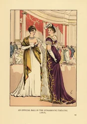 Modieuze vrouwen in baljurken en tulbanden in een theater. Een officieel bal in het Strasbourg Theater