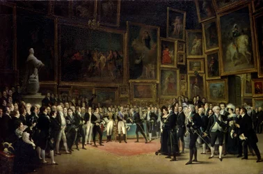 Karel X reikt prijzen uit aan de kunstenaars aan het einde van de tentoonstelling van 1824