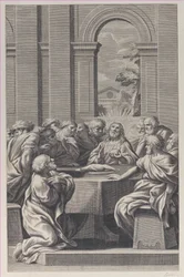 Het laatste avondmaal, het interieur van een klassiek gebouw met Christus en zijn apostelen (detail)