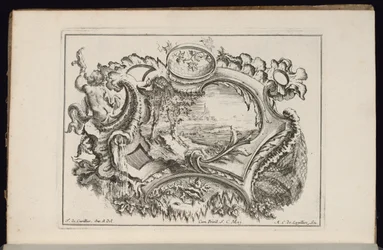 Cartouche met Putto die een Schelp Blaast, Livre de Cartouches Irréguliers (Boek van Onregelmatige Cartouches)