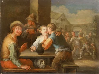 Een Bedelaar die Lacht naar een Verliefd Koppel