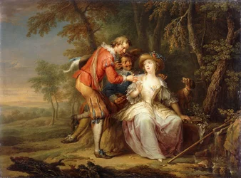 Liefdesallegorische scènes in beboste landschappen