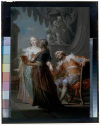 Een elegant paar met een oude meid in een interieur