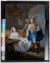 Een elegant paar met een oude dienstmeid in een interieur