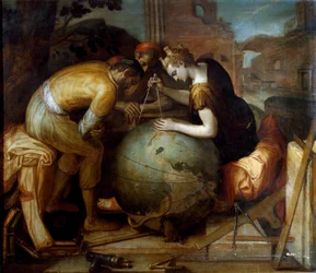 Meetkunde. Allegorie en personificatie van de Meetkunde die een passer boven een globe vasthoudt. Op de voorgrond zijn verschillende geometrische instrumenten gerangschikt. Schilderij van Frans Floris (1515-1570). Vlaamse kunst. Privécollectie, Genua.