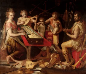 Muziekkarakters vetus heeft de oude omringing van muziekinstrumenten die een allegorie vormen.