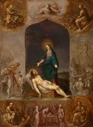 Pietà omringd door grisailles van de Vier Evangelisten en scènes uit het Oude Testament
