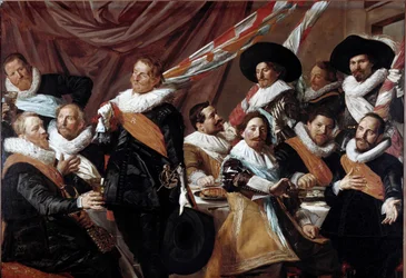 Het banket van de officieren van het schutterskorps van Sint-Joris te Haarlem. Schilderij van Frans Hals (ca. 1580-1666), 1627. Zon. 179 x 257.5 cm, Haarlem, Frans Hals Museum, Holland