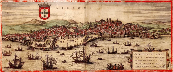 Uitzicht op Lissabon en de Taag vanuit: Civitates Orbis Terrarum, 1572