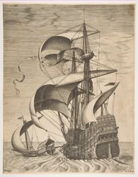 Gewapende driemaster op de open zee vergezeld door een galei, uit de serie Zeilende schepen, 1561-65