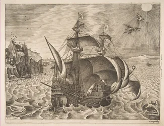 Gewapende driemaster met Daedalus en Icarus in de lucht uit De Zeilschepen, 1561-65