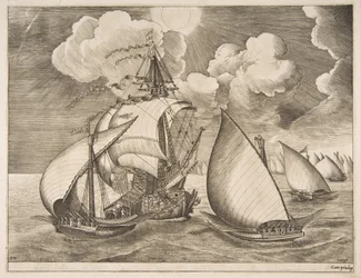 Vloot van galeien begeleid door een karveel