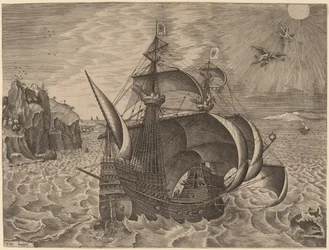 Gewapende driemaster met Daedalus en Icarus in de lucht