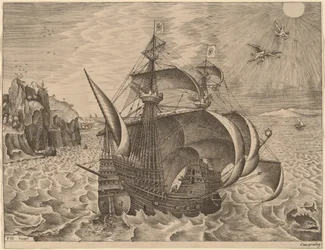 Gewapende driemaster met Daedalus en Icarus in de lucht